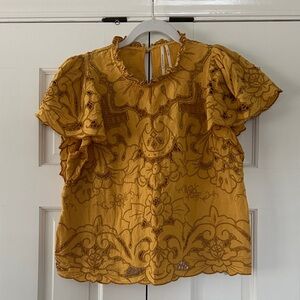 Anthropologie Lainie High Neck Cutwork Blouse Top Marigold S Short Sleeve